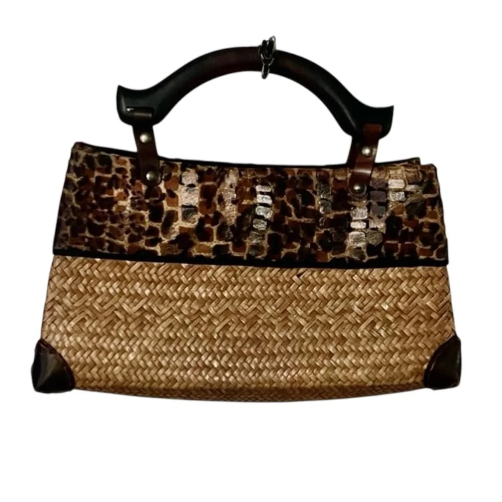 Woven Womens Brown Tan Straw Rattan Leopard Animal Print Wood Handle Handbag
